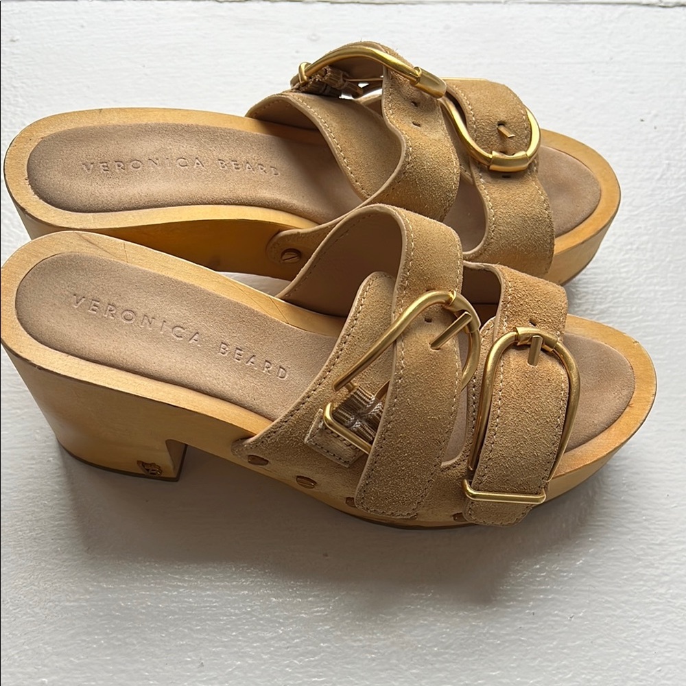 Veronica Beard Tan Gold Mules with Platform Sole